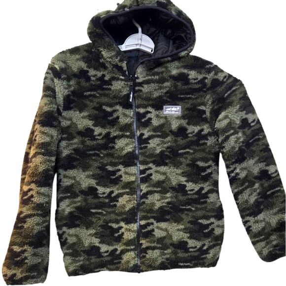 Eddie Bauer Reversible Puffer Jacket Kids L‎ 14/16 Black Camo Hooded Winter Coat - Picture 3 of 16